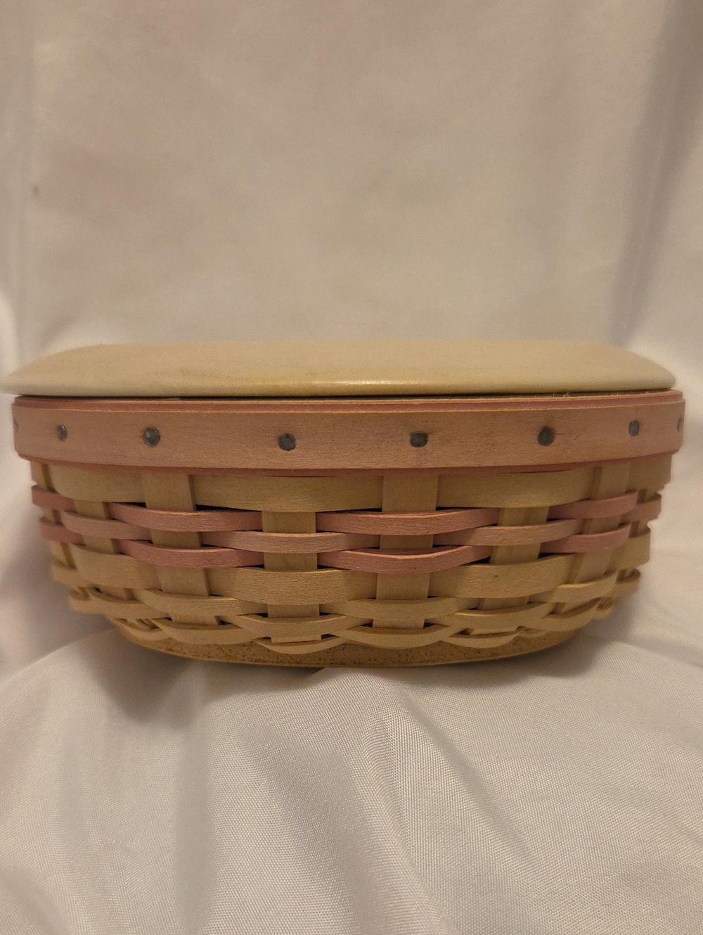 Longaberger Cream and Pink Woven Lidded Basket